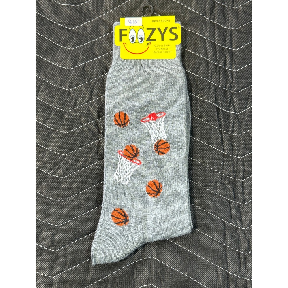 Foozys Basketball Crew Socks Men Size 10-13 Gray NWT Novelty Sports Hoop Pattern